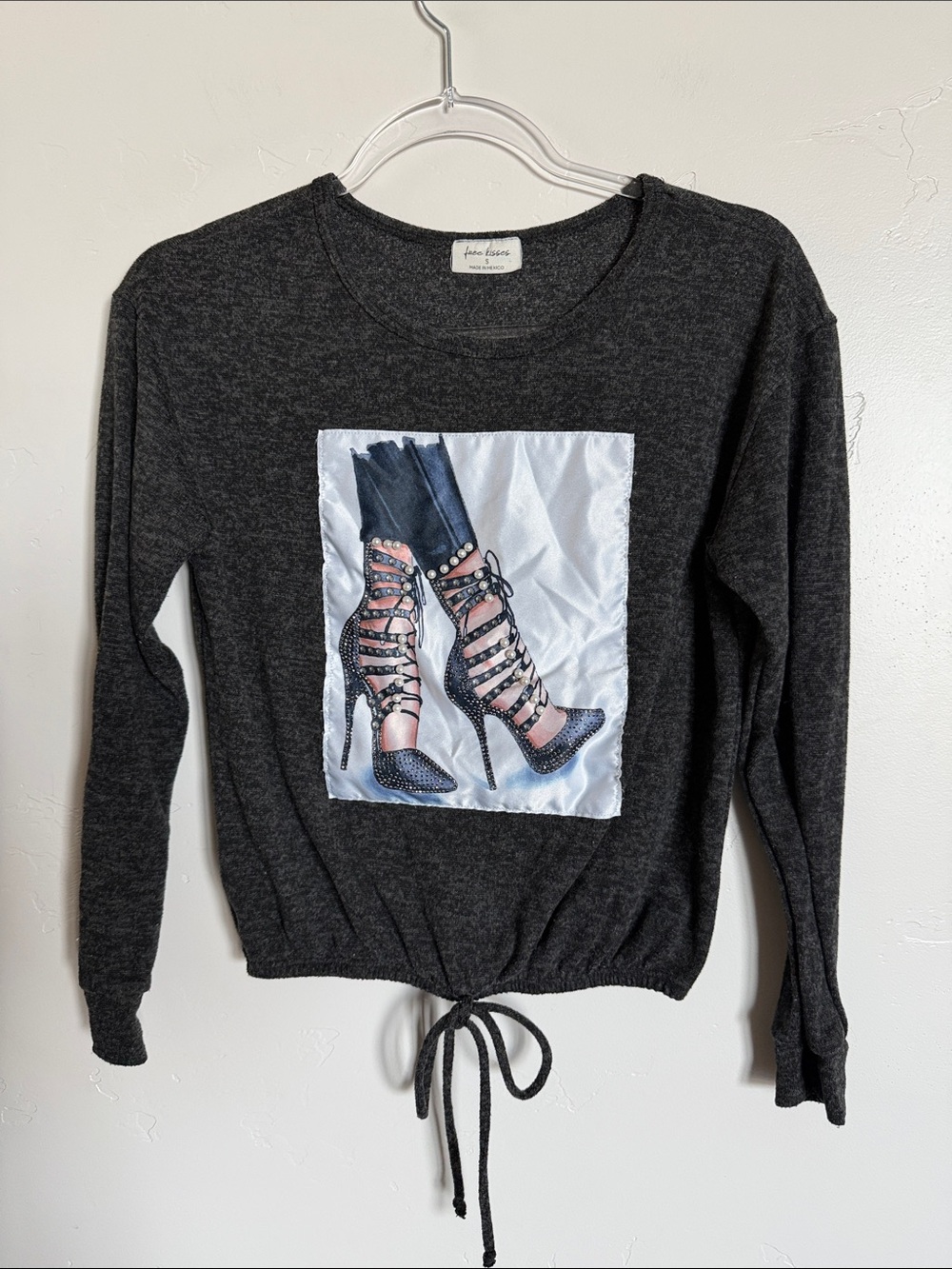 Free Kisses Charcoal Crewneck Sweater with Stiletto Shoe Patch Cozy Casual Knit